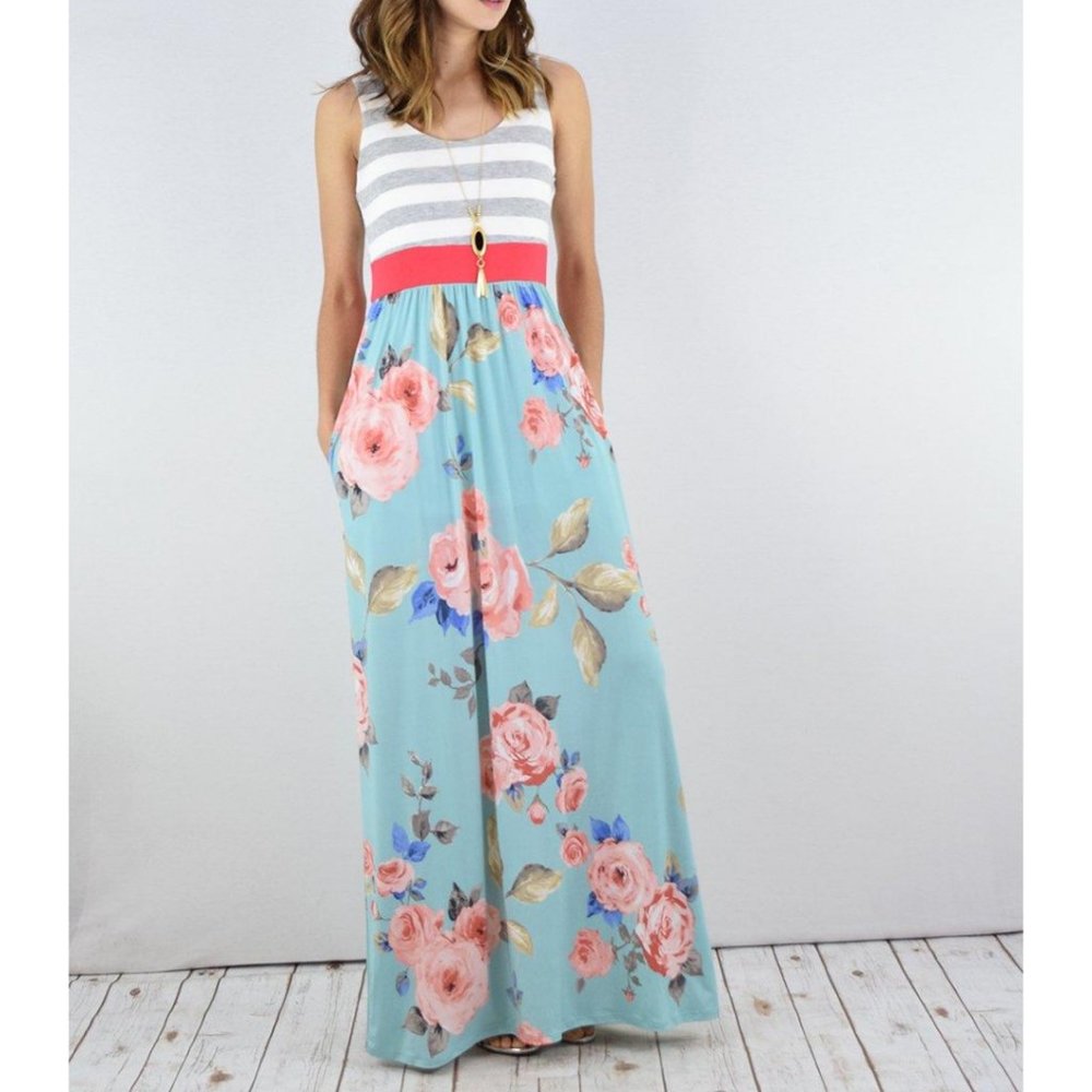 Mint Floral Stripe Maxi Dress NWOT